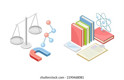 School Lesson with Supplies for Physics Subject Isometric Vector Set