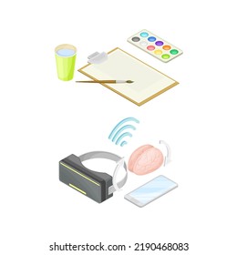 School Lesson With Supplies For Virtual Technology And Art Subject Isometric Vector Set