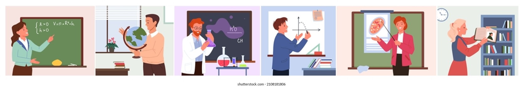 School Lesson With Teacher In Classroom Set Vector Illustration. Cartoon Female And Male Teacher Or Professor Teaching Math, Chemistry, Biology Or Literature Near Class Board. Education Concept