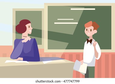 School Lesson Teacher Pupil Answer Near Chalkboard Flat Vector Illustration