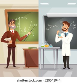 School lessons cartoon vertical banners with teachers of mathematics and chemistry in flat style vector illustration