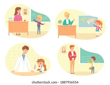 School lessons in class set. Kids with teachers in education vector illustration. Boy answering at literature class, solving math problem, pointing at map at geography, chemistry experiment.