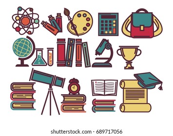 Artículos para clases escolares y material para educación de ciencias conjunto de iconos planos vectoriales