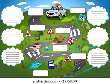 School lessons schedule with road, children and taxi.