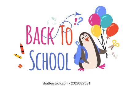 School lettering flat style. Cute penguin with school supplies and ballons. Vector illustration banner.