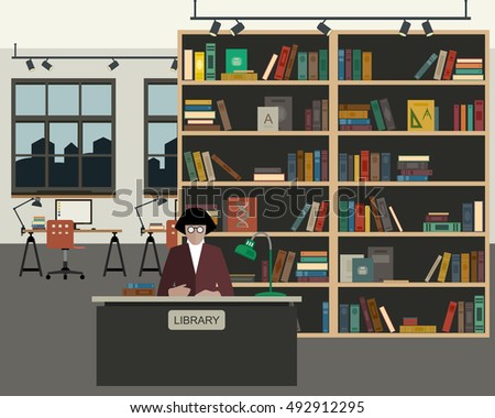 School library with books in flat style. Reading room interior.