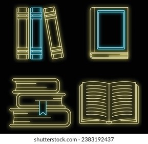 School library books icon set. Outline set of school library books vector icons neon color on black