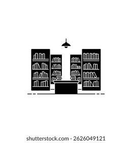School Library with Bookshelves Icon in Black Filled Design