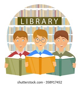 School library, children read books 