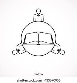 School Library Classmates Students Teamwork Learning Book Vector Icon
