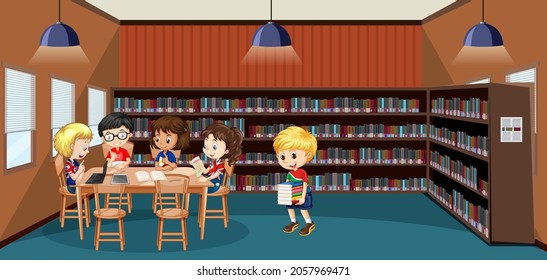 School library interior with children group illustration