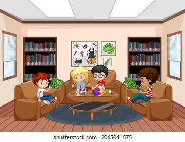 School library interior with children group illustration
