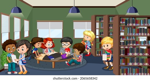 School Library Interior Children Group Illustration Stock Vector ...