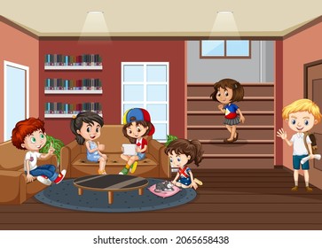Interior de la biblioteca escolar con ilustraciones de grupos infantiles