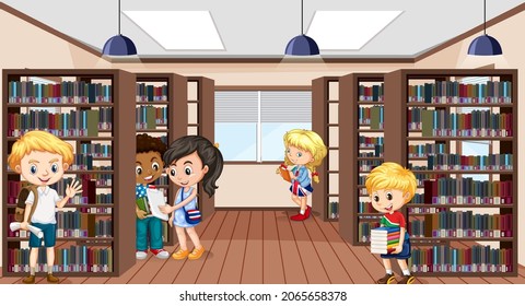 School library interior with students illustration