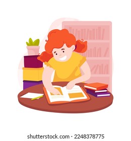 School library isolated cartoon vector illustration. Child sitting and reading in a library, doing homework, self-education, independent study time, private school facility vector cartoon.