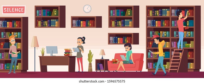 School library. People with books students sitting and reading in biblioteca interior with bookshelves vector background