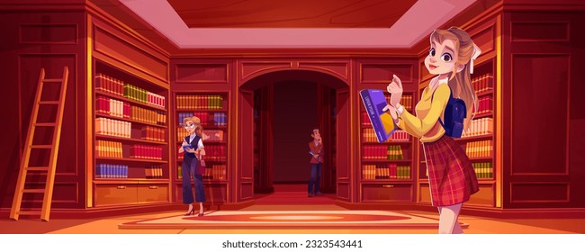 School library room with bookshelf and student vector cartoon illustration. Book store office interior with wood shelf furniture, carpet and ladder. Classic college education and knowledge concept