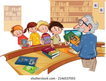 School. Library. Schoolchildren in the library. History teacher. Librarian. Schoolchildren and teacher. Children choose books. Books on the table. Boys and girls. Books in hand. Glasses teacher.