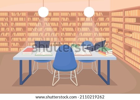 School library space flat color vector illustration. College room with bookcases. Desk for reading. Educational space for studying with books 2D cartoon interior with bookshelves row on background