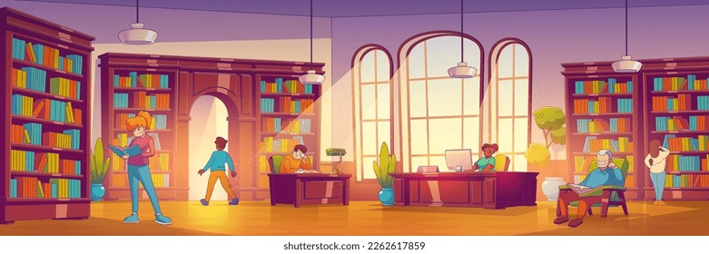 Biblioteca escolar o tienda con libros en estanterías y la gente lee y estudia. Interior de biblioteca pública con librerías, mesas y sillas, ilustración vectorial de estilo contemporáneo