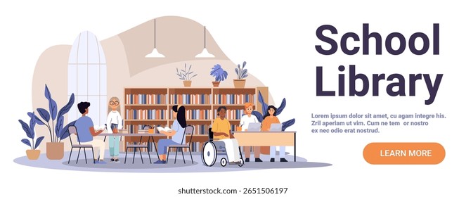 School library students studying diverse group reading books working on laptops bookshelves indoor plants modern interior flat design website banner