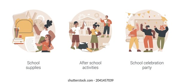 School Life Abstract Concept Vector Illustration Set. Supplies, After School Activity, Celebration Party, Classroom Equipment, Extracurricular Activity, Graduation Party, Engagement Abstract Metaphor.