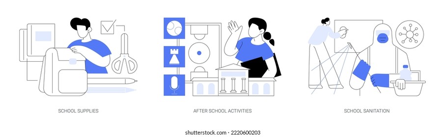 School Life Abstract Concept Vector Illustration Set. School Supplies And Stationery, After School Activities, Debate Team, Volunteer Work, Classroom Sanitation And Disinfection Abstract Metaphor.