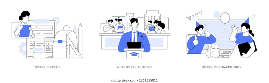 School life abstract concept vector illustration set. Supplies, after school activity, celebration party, classroom equipment, extracurricular activity, graduation party, engagement abstract metaphor.