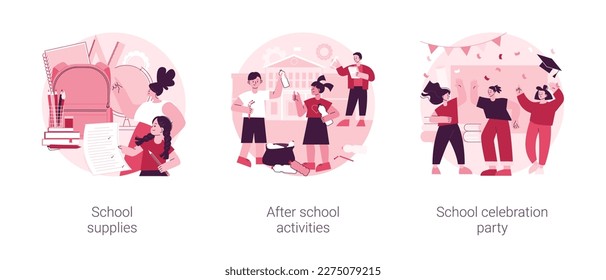 School life abstract concept vector illustration set. Supplies, after school activity, celebration party, classroom equipment, extracurricular activity, graduation party, engagement abstract metaphor.