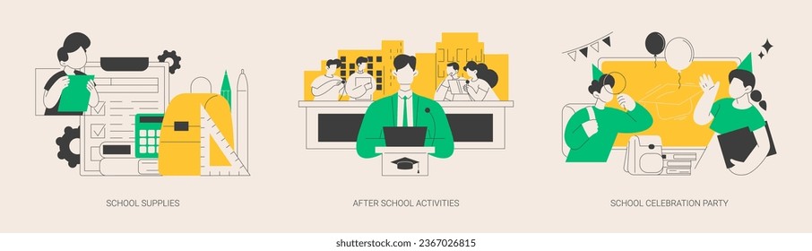 School life abstract concept vector illustration set. Supplies, after school activity, celebration party, classroom equipment, extracurricular activity, graduation party, engagement abstract metaphor.