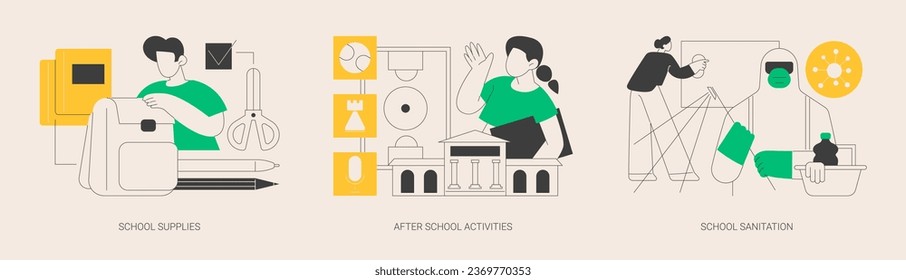 School life abstract concept vector illustration set. School supplies and stationery, after school activities, debate team, volunteer work, classroom sanitation and disinfection abstract metaphor. svg