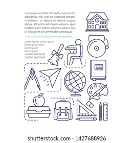 School life article page vector template. Pupils accessories. Brochure, magazine, booklet design element with linear icons and text boxes. Print design. Concept illustrations with text space 
