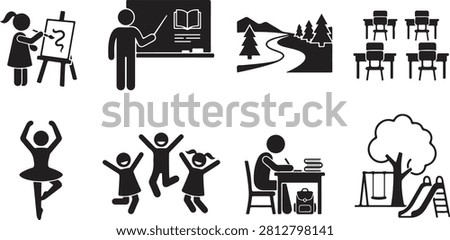 School life and classroom activities pictogram icons with classroom education teaching students