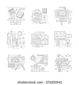 School life elements. School subjects. Back to school theme. Stylish flat line style vector icons. Web design elements for business, site, mobile app. 