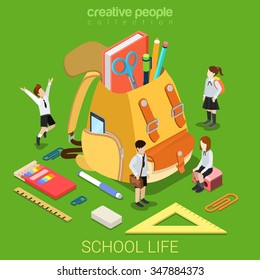 School life flat 3d isometry isometric primary education concept web vector illustration. Schoolboy schoolgirl stationery accessory around big rucksack backpack. Creative people collection.