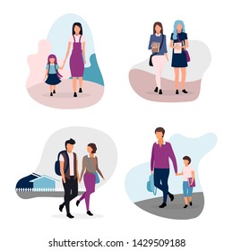 School life flat illustrations set. Teenage and preteen schoolchildren. Schoolmates, school couple, brothers and sisters cartoon characters isolated on white background. Schoolgirls and schoolboys