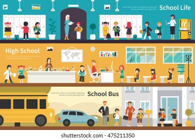 School Life High Bus flat interior outdoor concept web