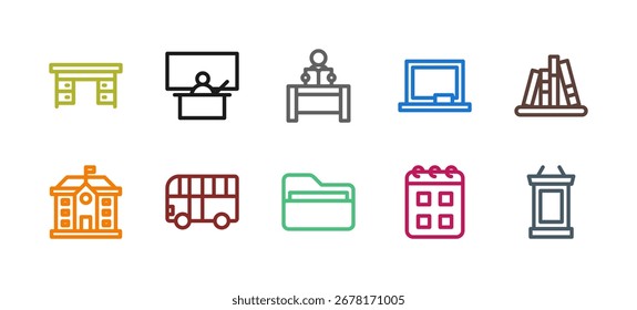 School Life Icon Set Flat Colorful Solid Line Bold Line Vector Collection