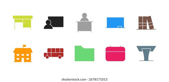 School Life Icon Set Colección de Vector de línea sólida de colores planos