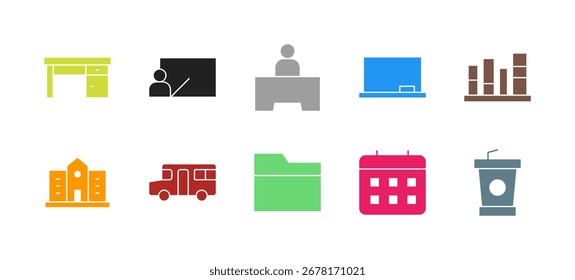 School Life Icon Set Flat Colorful Solid Line Bold Line Vector Collection