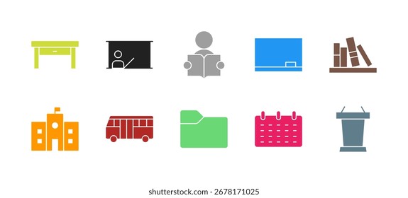 School Life Icon Set Flat Colorful Solid Line Bold Line Vector Collection
