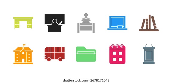 Schule Leben Symbol Set Flat Colorful Solid Line Bold Line Vector Collection