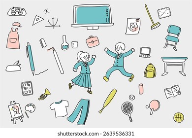 School life icon set for junior high and high school students, hand-drawn style illustration