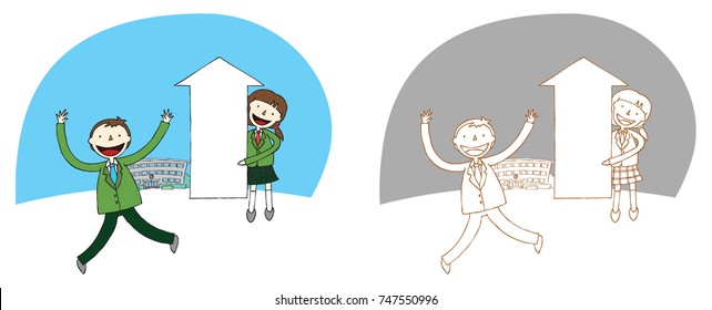School life.Boy jumping and holding a arrow girl.Be pleased with academic achievement.