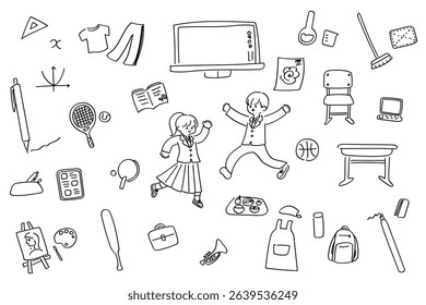 School life line drawing doodle style icon set for junior high and high school