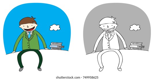 School life.A student sitting next to a book.A student who enjoys school life.
