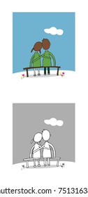 School life.Couple in school.Couple sitting on bench and holding each other.