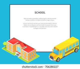 School light orange two-storey educational institution with green tree and yellow public bus nearby vector illustration isolated with place for text