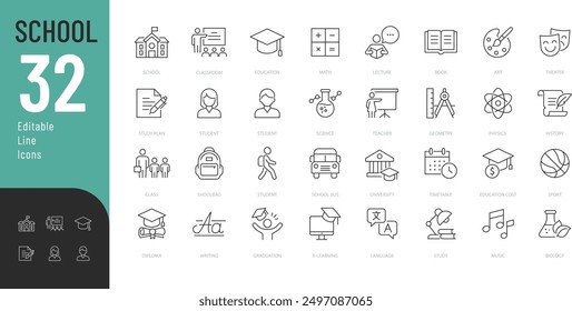 Conjunto de iconos editables de línea escolar. Ilustración vectorial en estilo de línea delgada moderna de iconos relacionados con la educación: estudiantes, aula. asignaturas escolares y más. Pictogramas e infografías